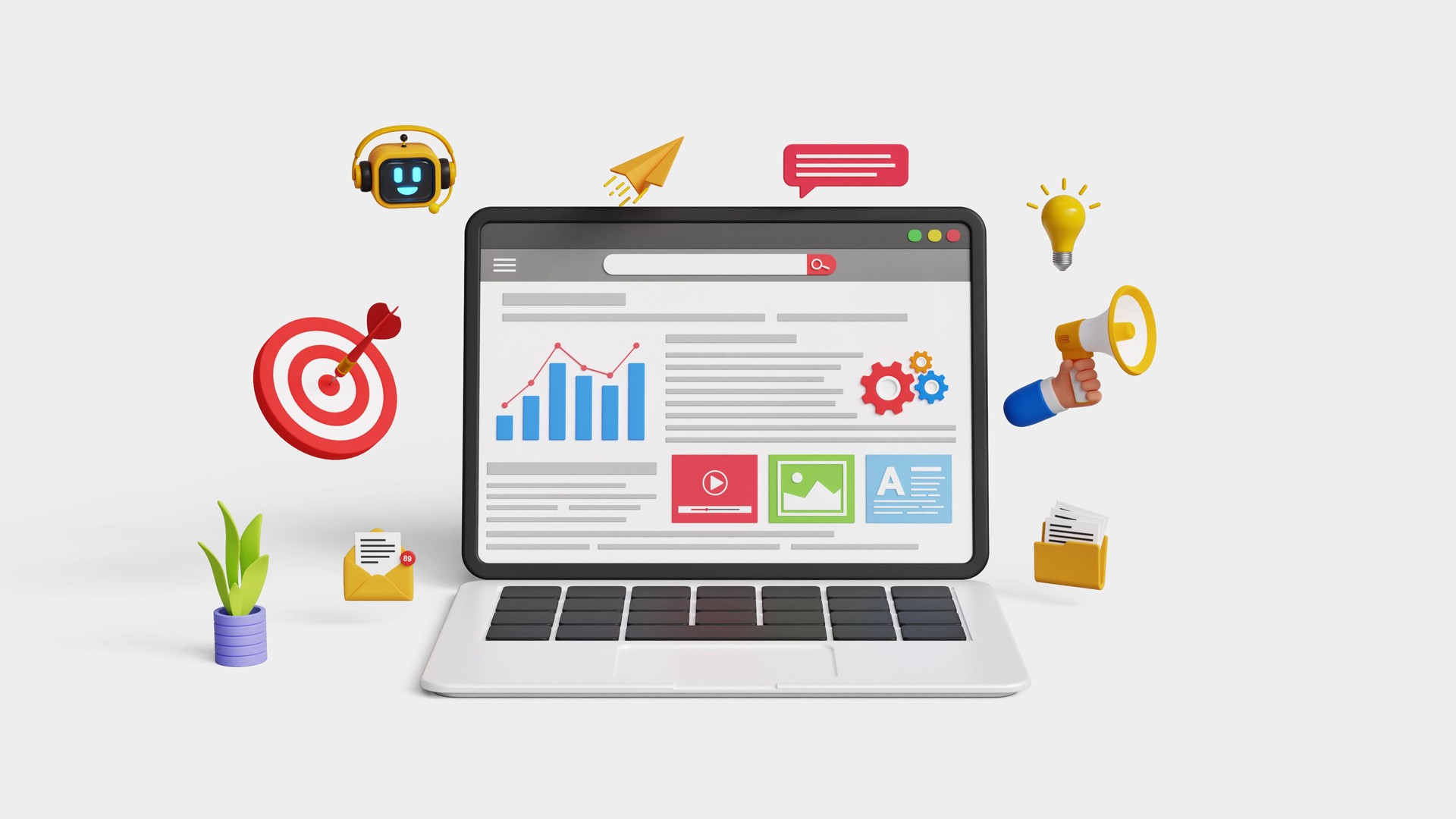 TJD marketing. Marketing automation. Digital marketing strategy, SEO, analytics dashboard, business insight, marketing research, advertising, campaign. 3D analytics dashboard on a laptop with digital marketing icons