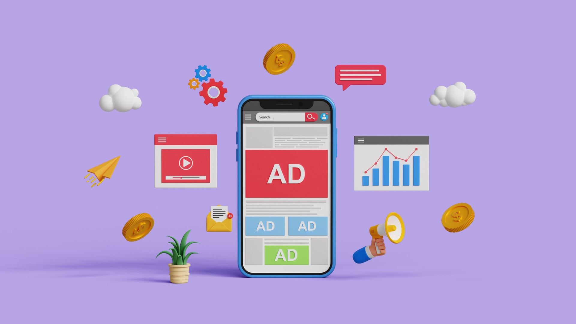 TJD Marketing, Website ads, digital marketing concept. Advertising on social media. PPC ad campaign and performance metrics. Targeted inbound ads. 3D digital marketing with programmatic social network advertising